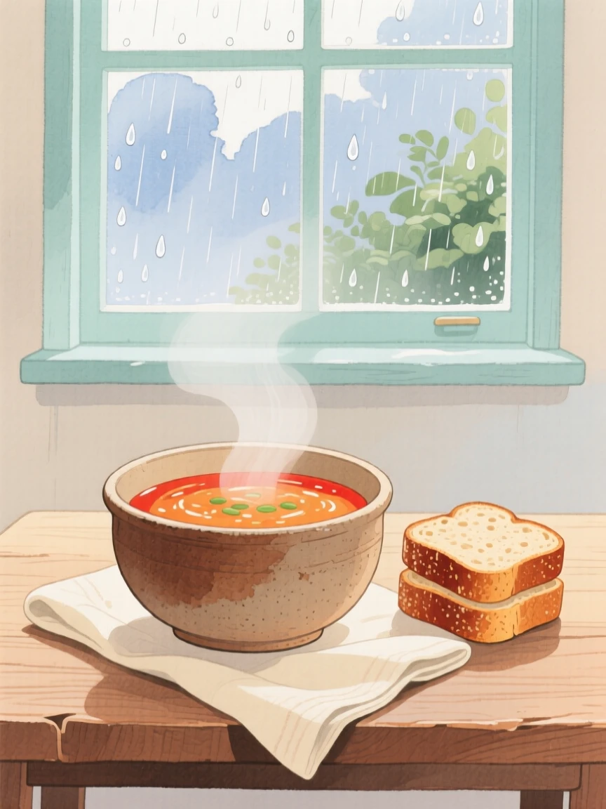 A cozy scene featuring a bowl of hot soup with crusty bread on a rainy day.