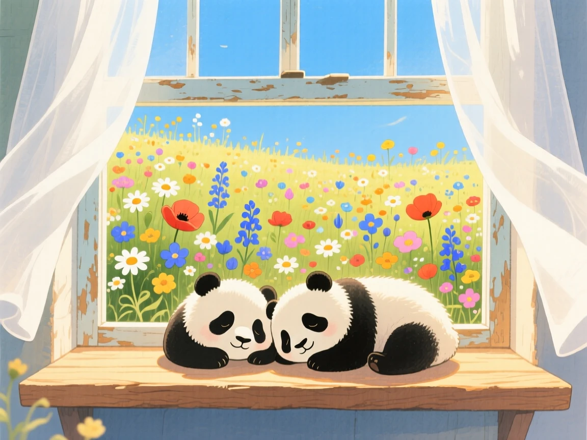 A pair of pandas napping in a sunbeam on a windowsill, set in a meadow bursting with wildflowers under a blue sky, brimming with cozy comfort.
