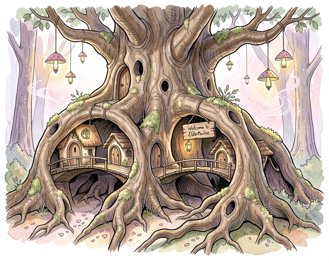 A hidden fae village built into the roots of an ancient tree, an air of wonder and quiet mystery throughout.