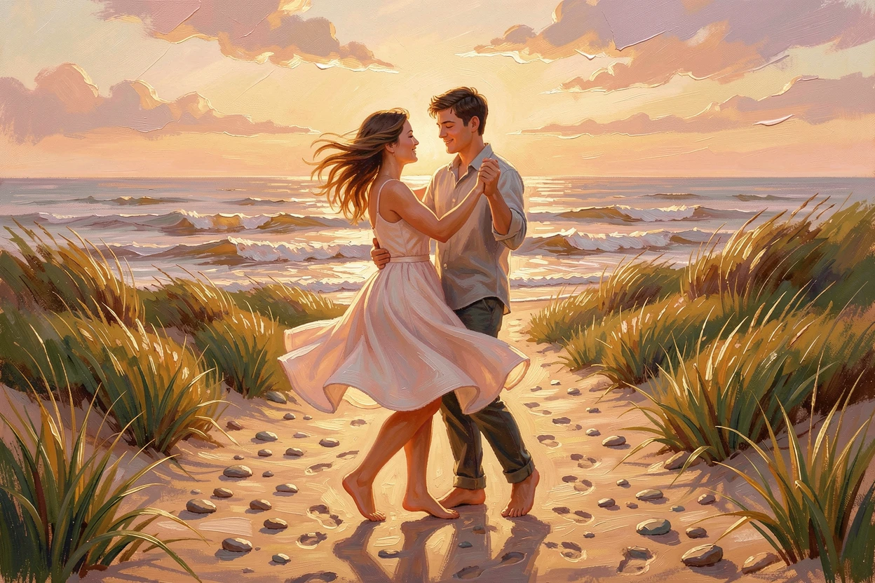 At golden hour, the light warm and glowing, a young couple dancing barefoot on a beach, along a windswept coastal path, wind catching loose strands of hair.