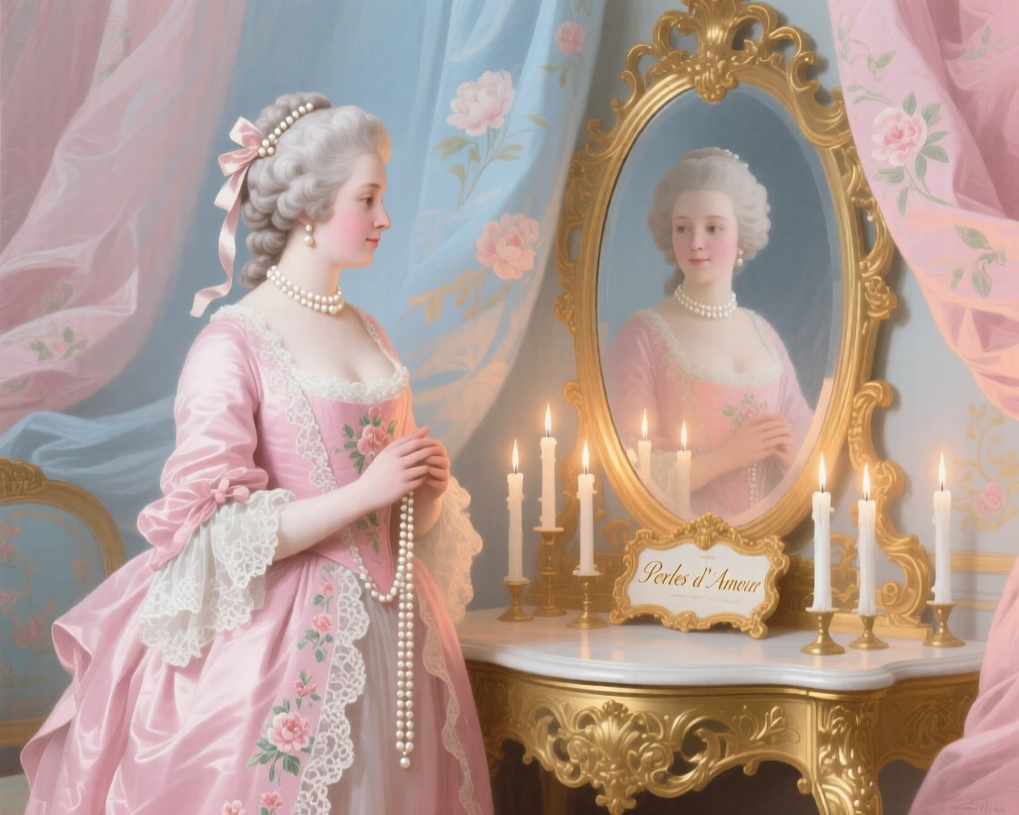A lady holding a pearl necklace beside a mirror filled with candlelight  
