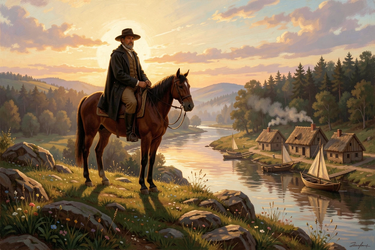 A rider on horseback rests beneath the last rays of a golden afternoon over a sleepy fishing town.