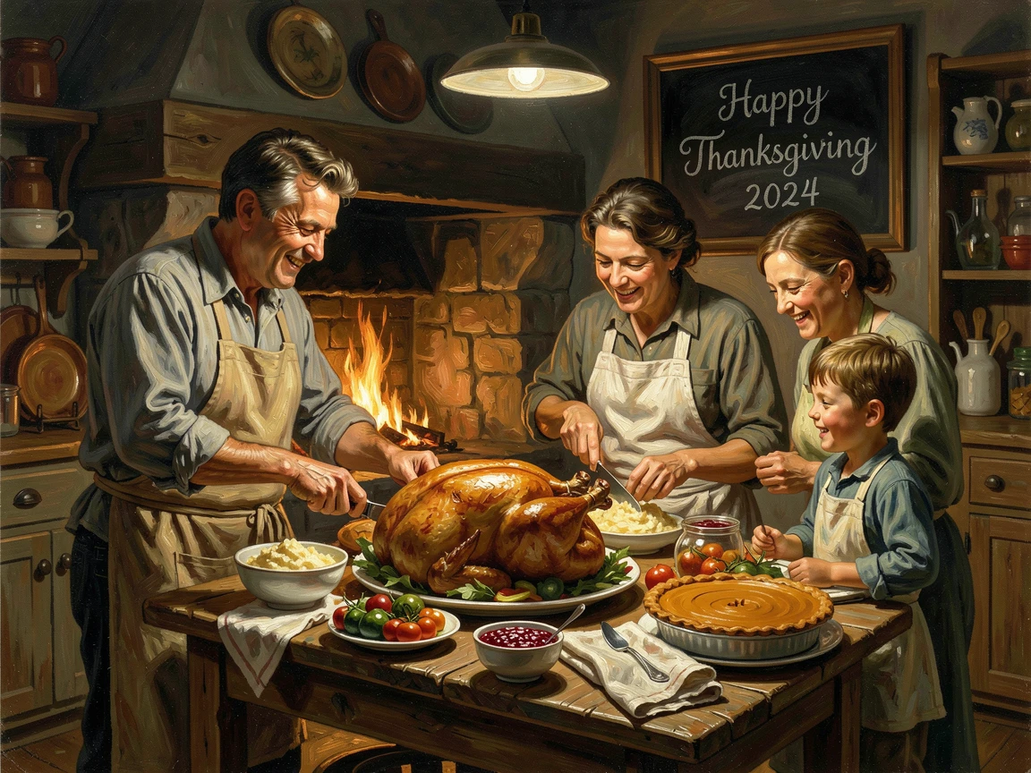 A cozy Thanksgiving kitchen filled with the warmth of family and cooking, with warm, inviting light glowing throughout the scene, offering a joyful, memorable seasonal scene for any collection