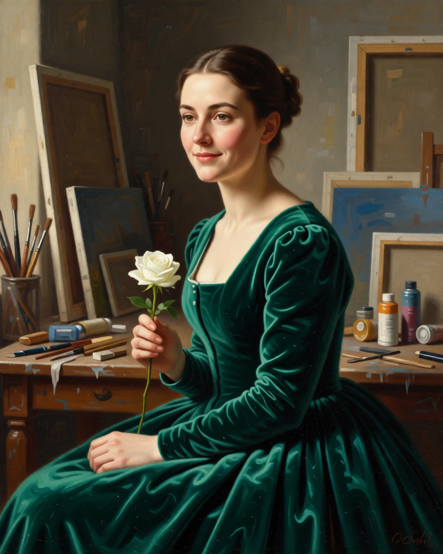 A duchess in an emerald velvet gown holding a single white rose turning slightly toward a soft, unseen light, set in an artist's cluttered studio strewn with canvases, with a faint, knowing smile just touching the corner of the mouth; warm and cool tones contrast to separate figure from background, conveying quiet dignity and inner life.