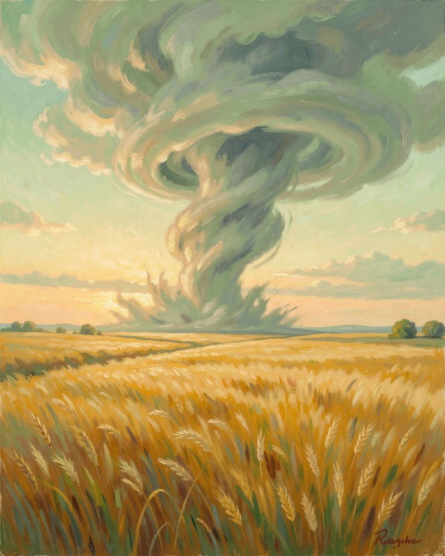A powerful tornado forming on the horizon above golden prairie farmland beneath a green-tinged sky, at golden sunrise.