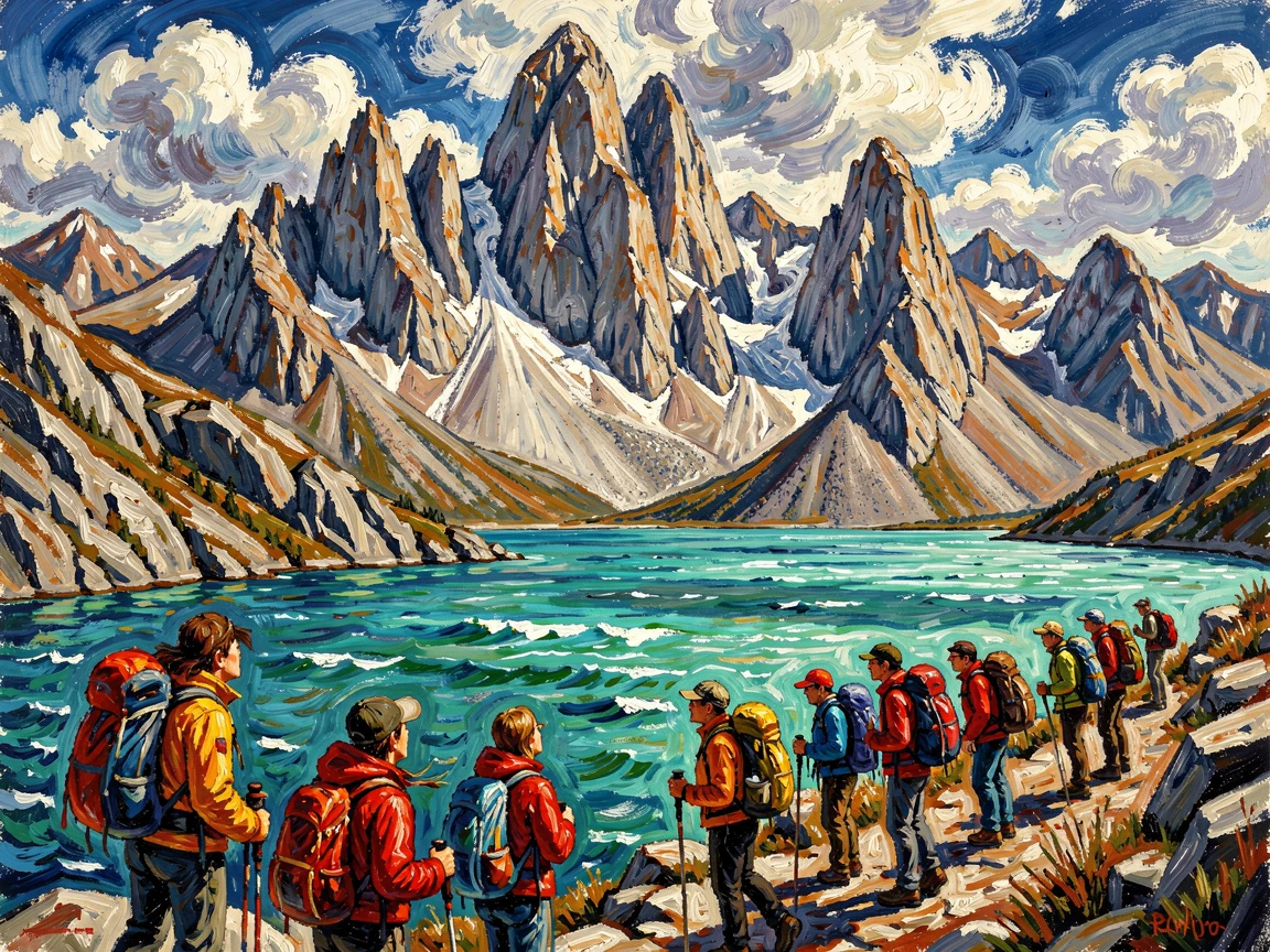 Trekkers admiring the turquoise lakes of Patagonia beneath jagged granite peaks.