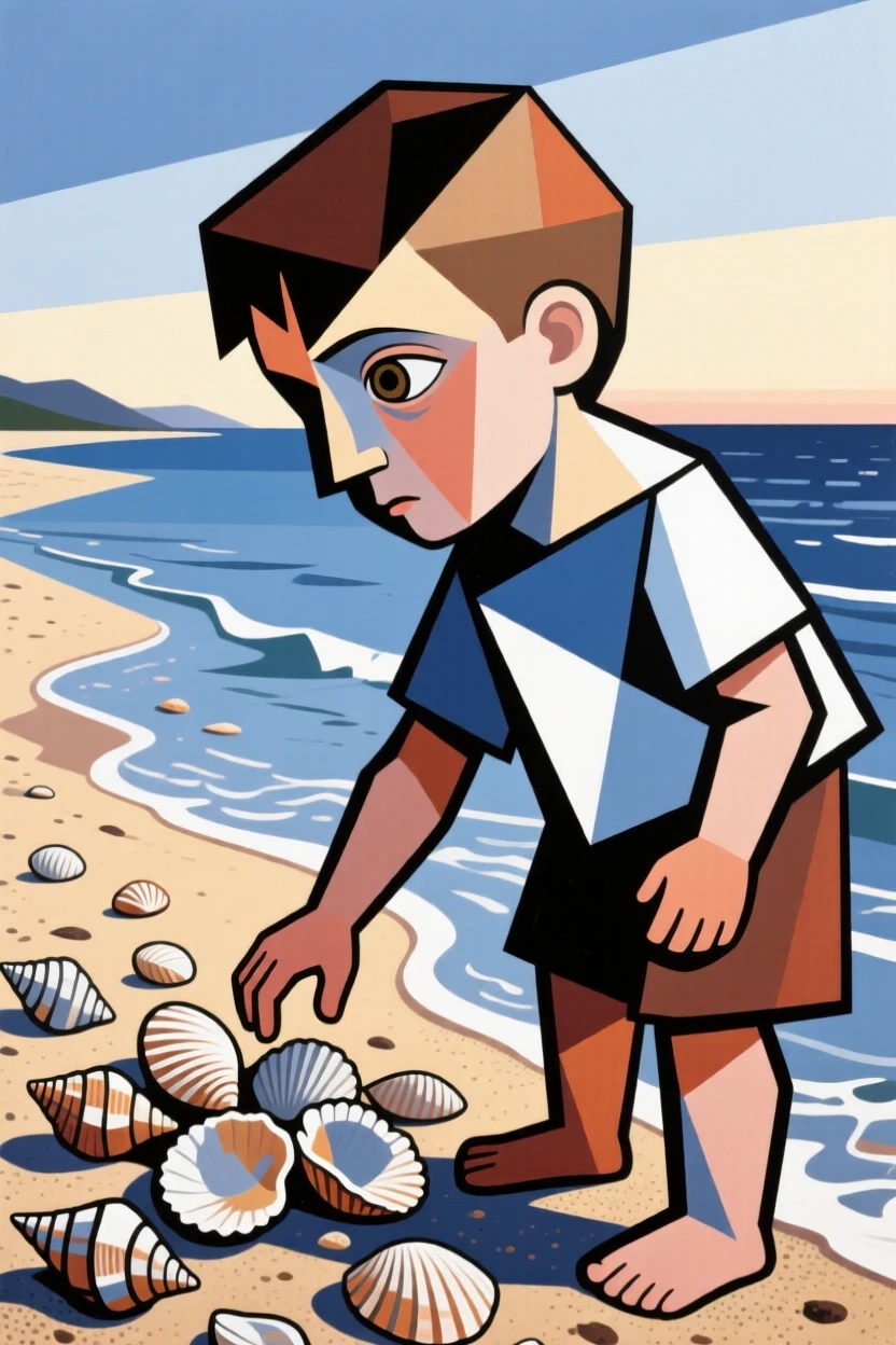 A child discovering seashells scattered along a quiet morning shoreline.