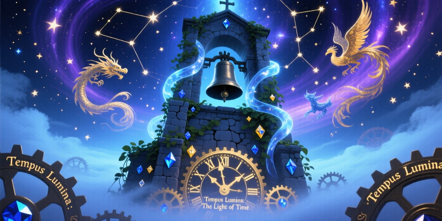 A chapel bell tower wrapped in climbing ivy of light rises from a sea of drifting fog, and stars seem to nest between its stones.