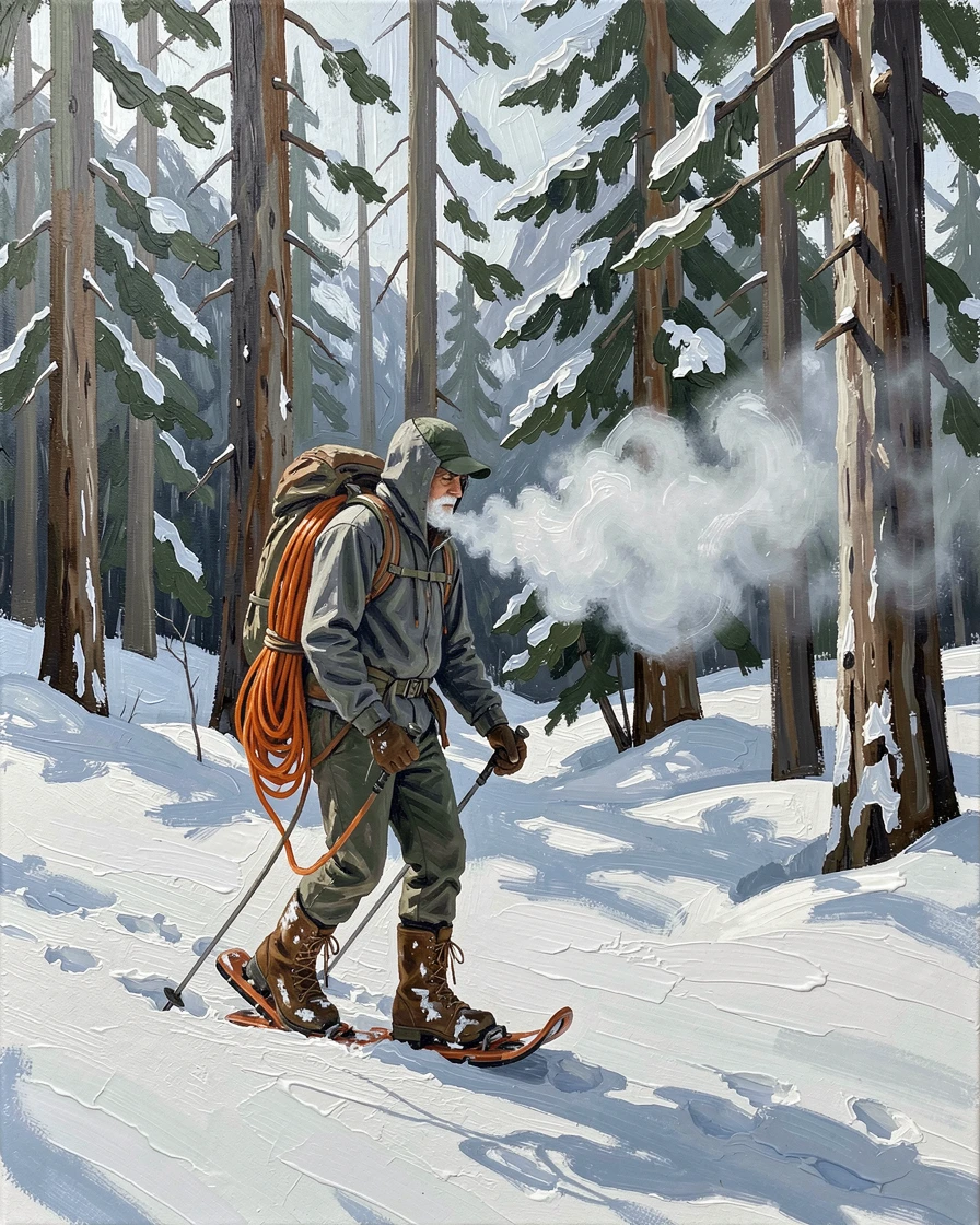 A snowshoer treks through a silent snow-covered forest in the Rockies, breath visible in the crisp morning air beneath towering pines, small gear details, like worn boots or coiled rope, hinting at the effort behind the moment.