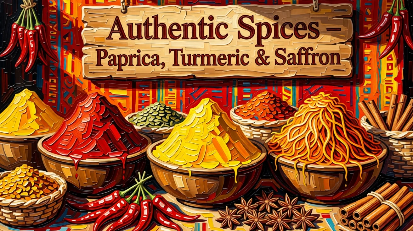 A vibrant spice market stall overflowing with mounds of paprika, turmeric, and saffron