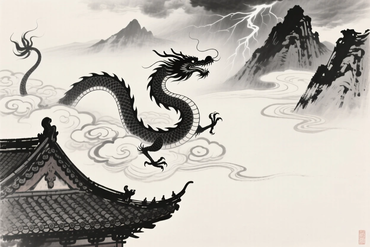 A serpentine dragon winds through the clouds above a temple rooftop, as thunder rolls across the surrounding peaks.