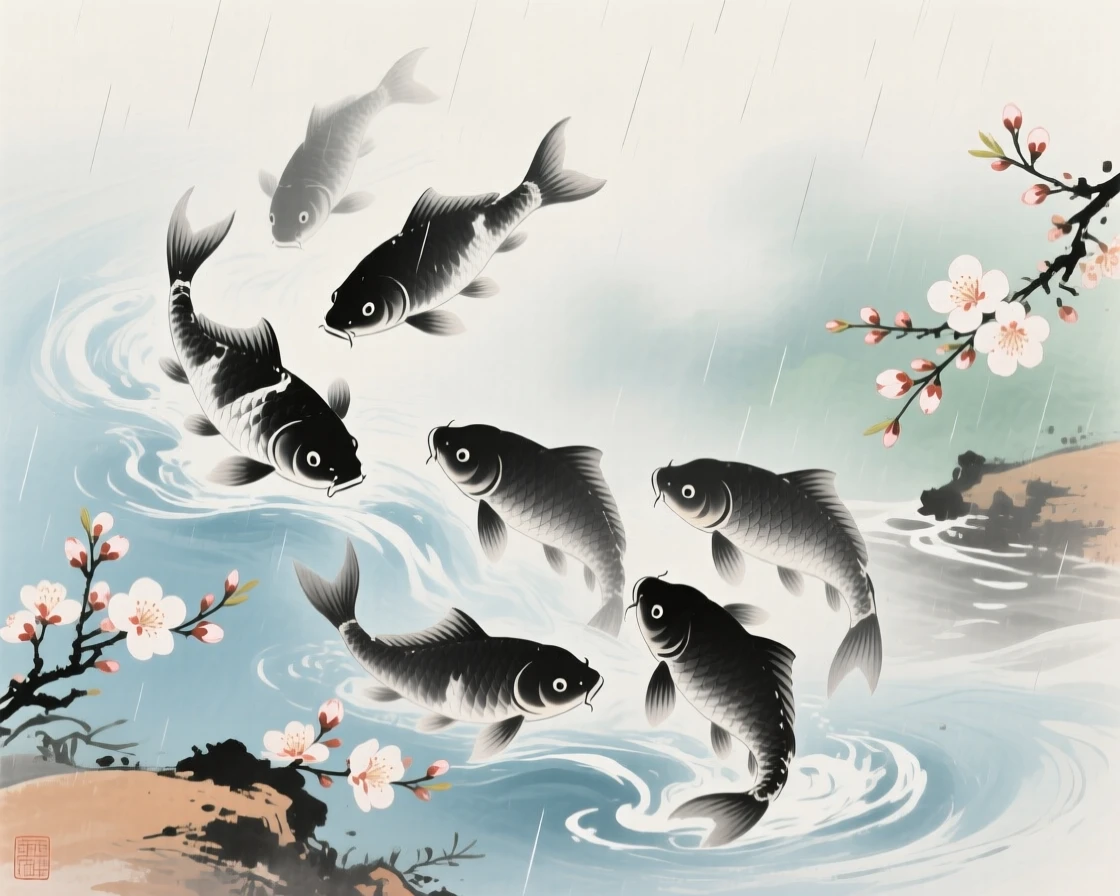 A group of carp swimming upstream against a gentle current, through a light drifting mist, as spring blossoms unfold, just after a rain shower.