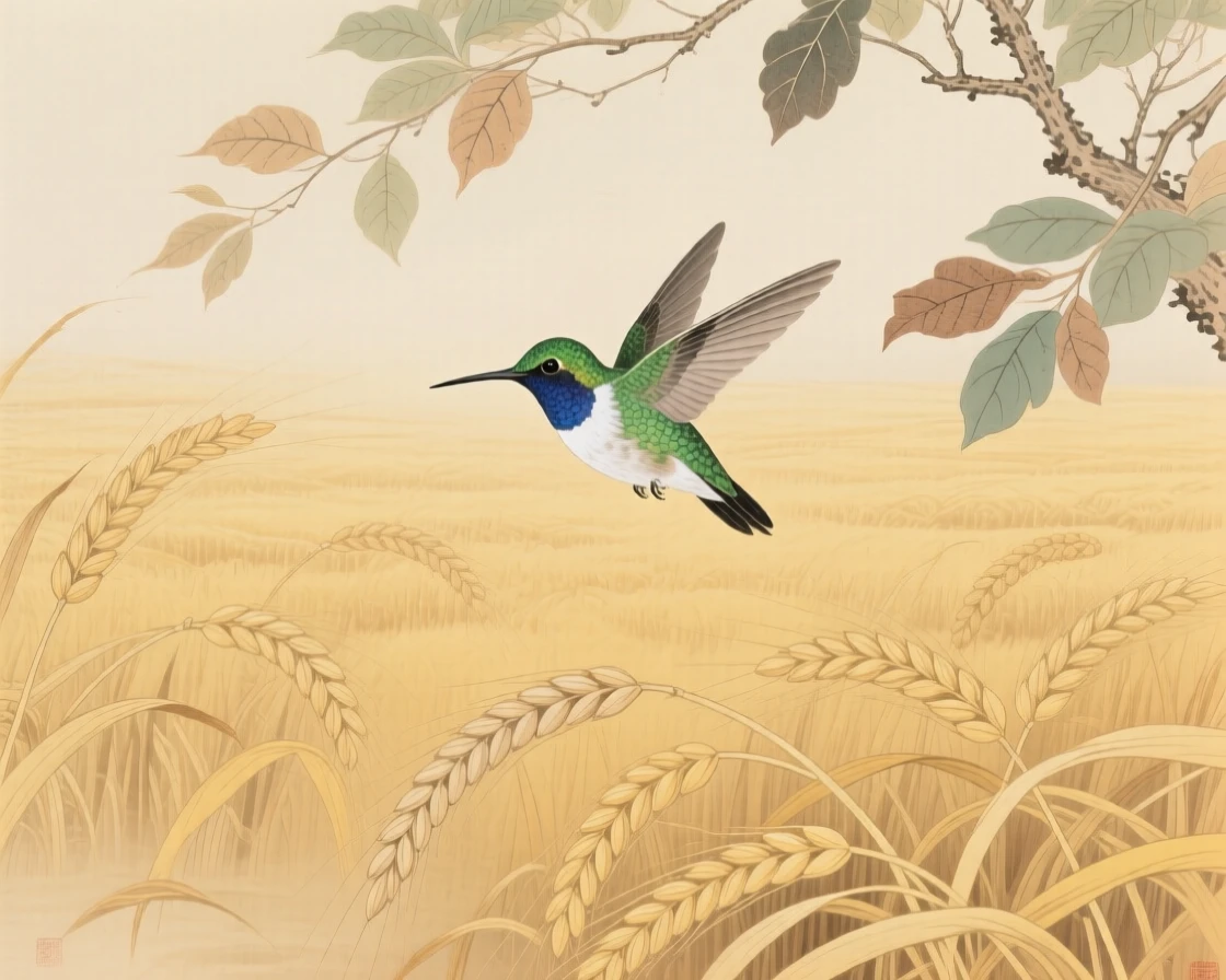 A hummingbird gliding low over a field of golden wheat, soft morning light filtering through the branches