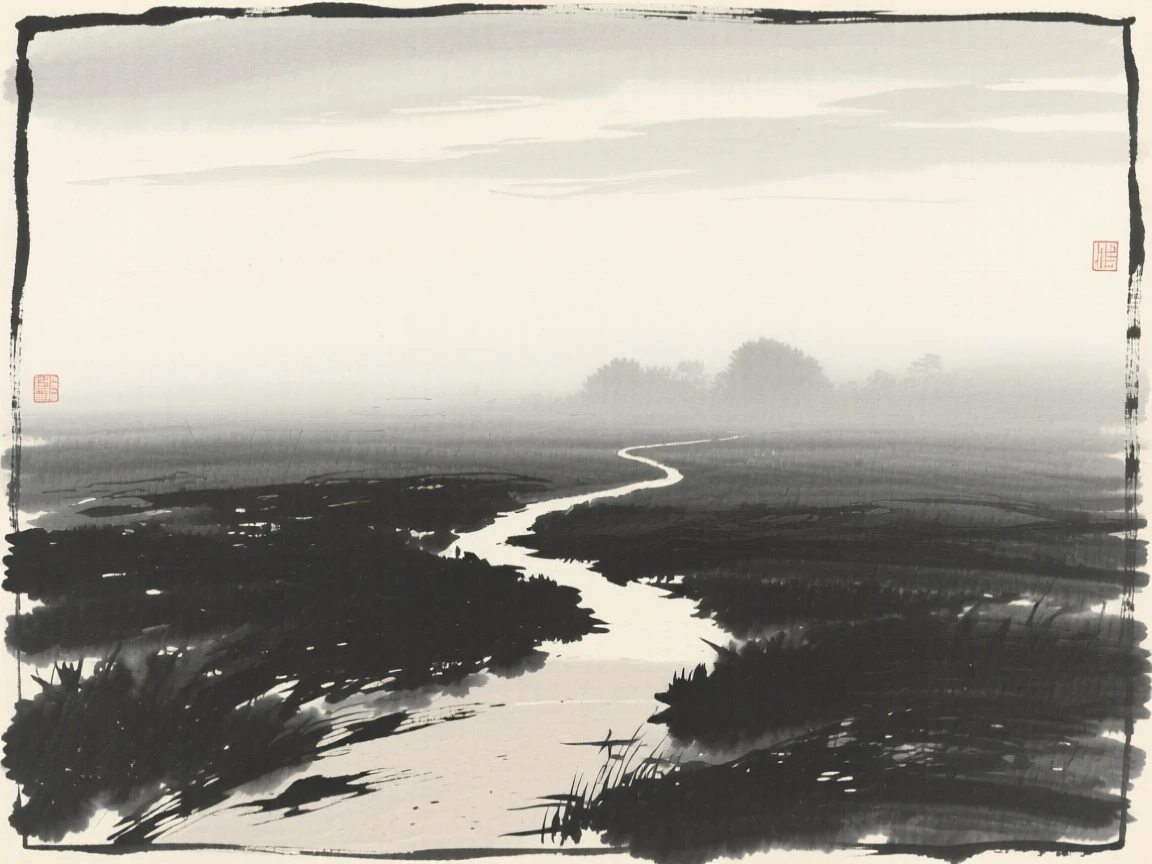 A quiet path disappearing into distant fog beneath a soft, overcast sky, seen from a distance, small and still within the frame, carrying a hushed, contemplative silence.