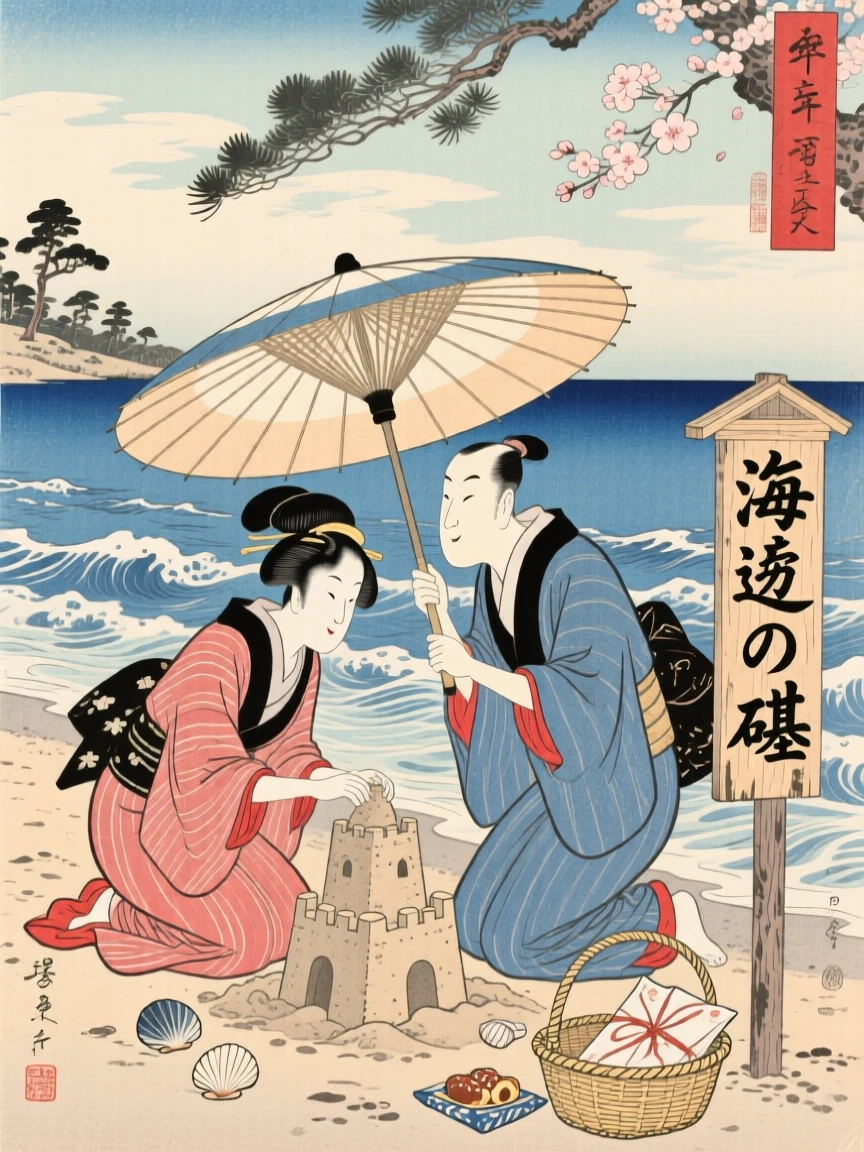 A couple sharing an umbrella building a small sandcastle together.