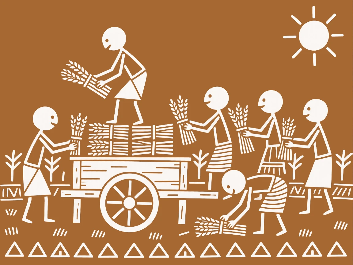 A group of farmers loading a cart with the season's harvest.