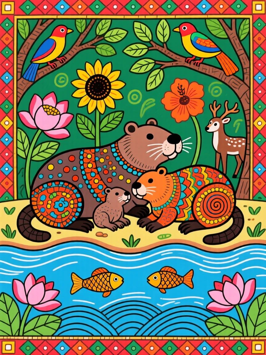 A capybara family resting together beside a calm jungle river.