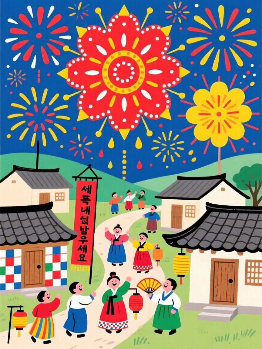 Fireworks bursting over a village during a New Year's celebration.