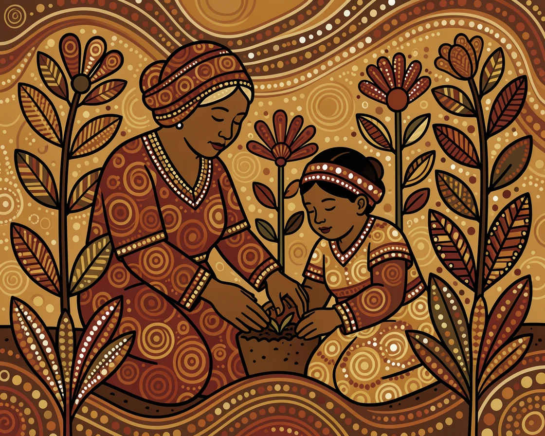 A grandmother and grandchild tending a garden