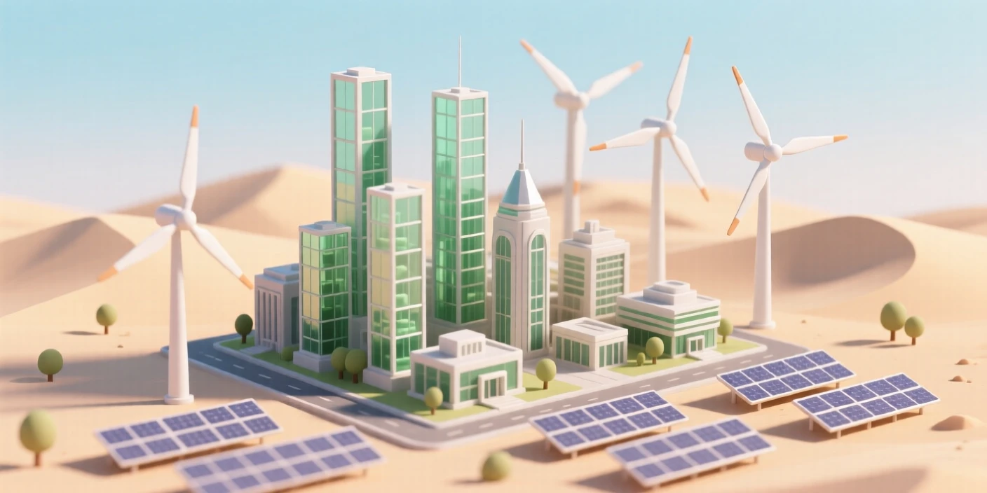 A solar-powered desert city with wind turbines and vertical farms rising among sand dunes under a clear sky.