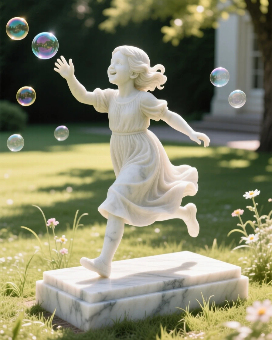 A vivid, emotionally rich scene of a young girl chasing bubbles in a sunlit yard, surrounded by soft, glowing light, designed to captivate and inspire