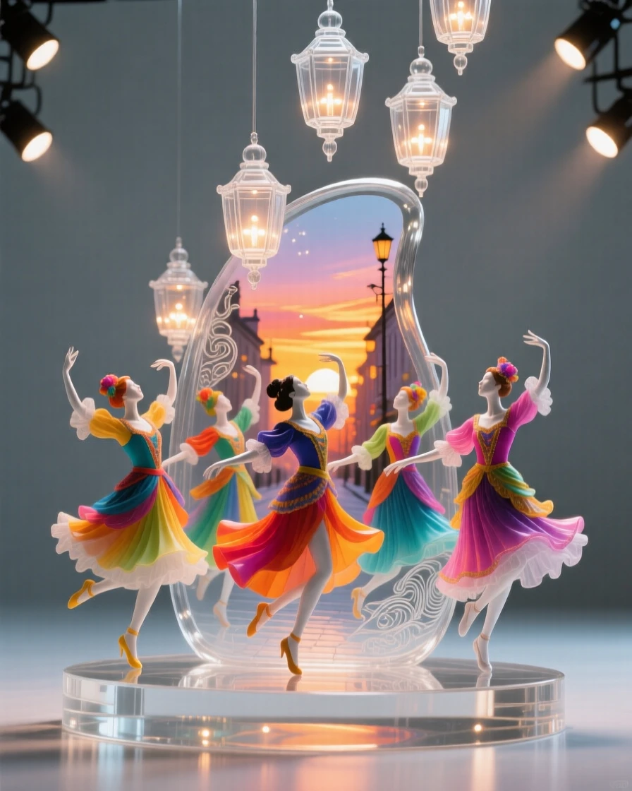 With the whole street alive in color and motion, a gathering of dancers in vivid costumes performing at sunset, while lanterns rise slowly into the night sky