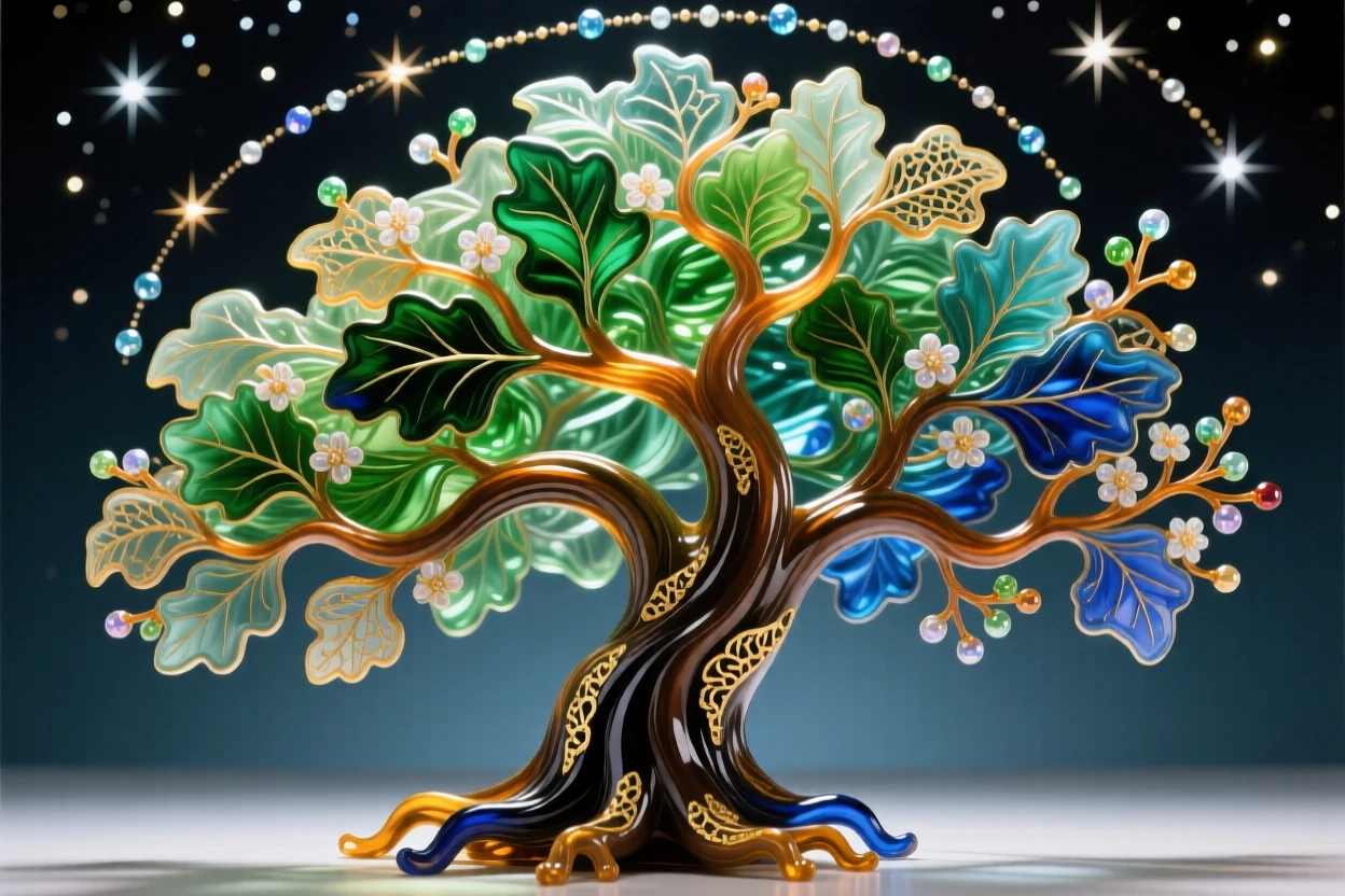 A grand old oak tree glowing beneath a blanket of stars, timeless and majestic.