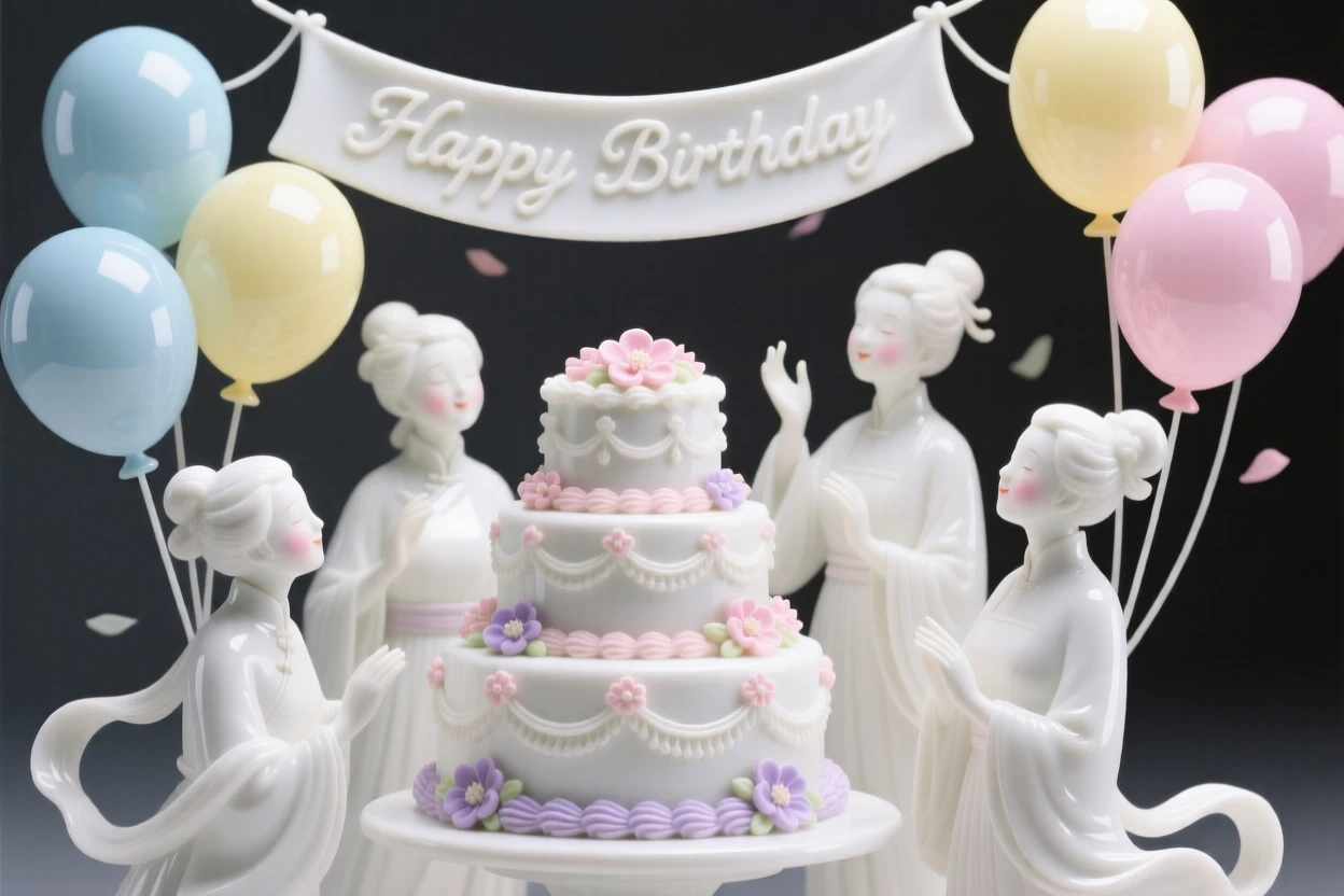A joyful a birthday celebration with balloons and cake scene, the air filled with festive energy.