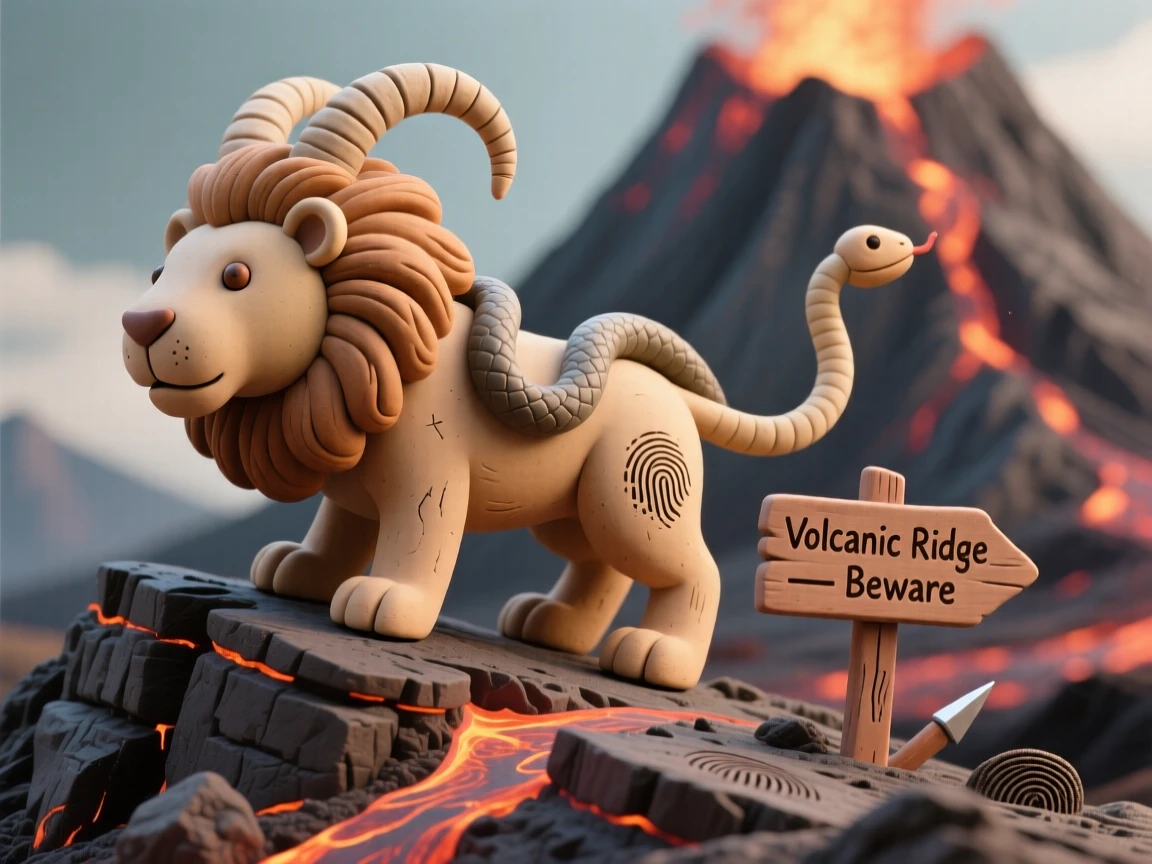 A chimera prowling the edge of a volcanic mountain ridge