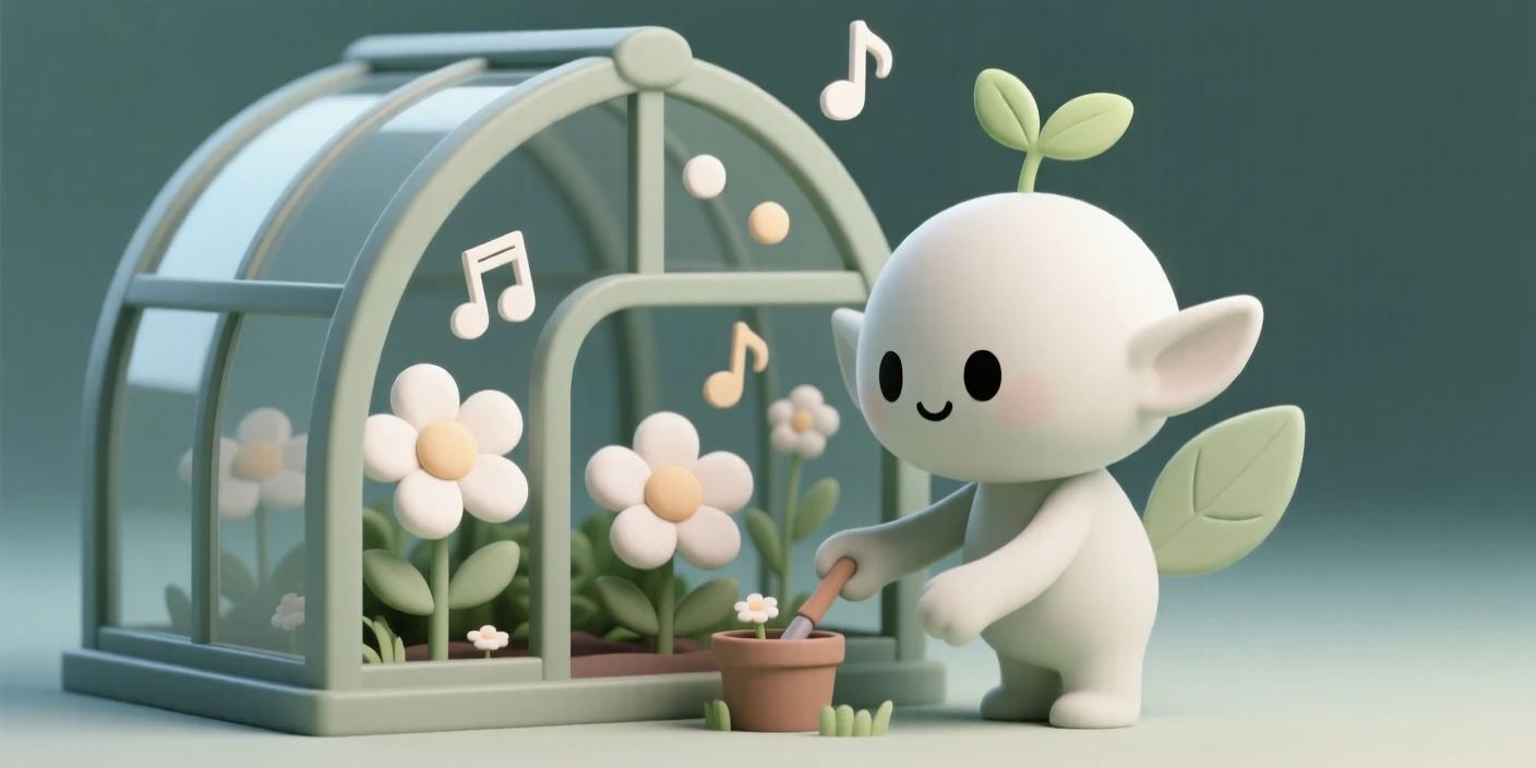 A wise garden spirit tends a secret greenhouse where flowers bloom and sing soft musical notes.