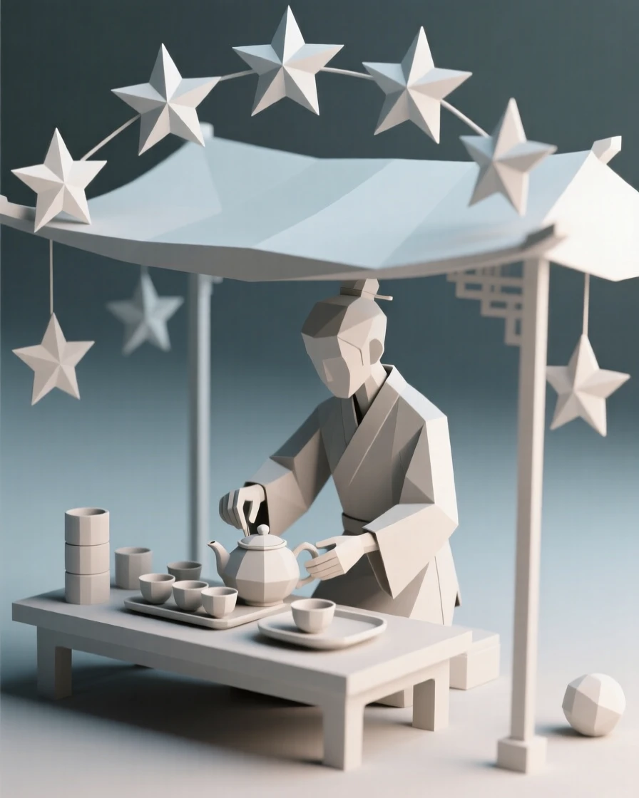 A tea ceremony host preparing a traditional tea set, beneath a canopy of stars. the composition balances subject and open space. The mood feels adventurous and free.