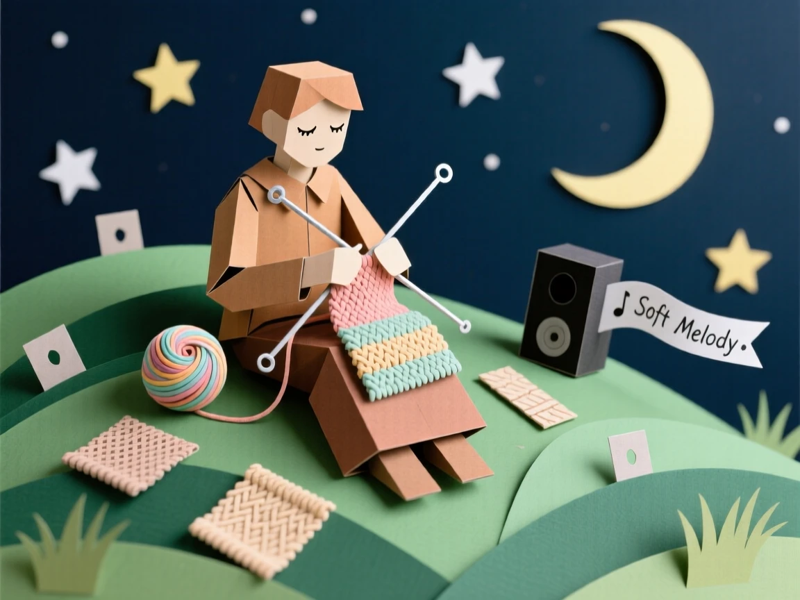 A focused knitter set up on a quiet hilltop at night, with soft music playing in the background, evoking calm and personal fulfillment.