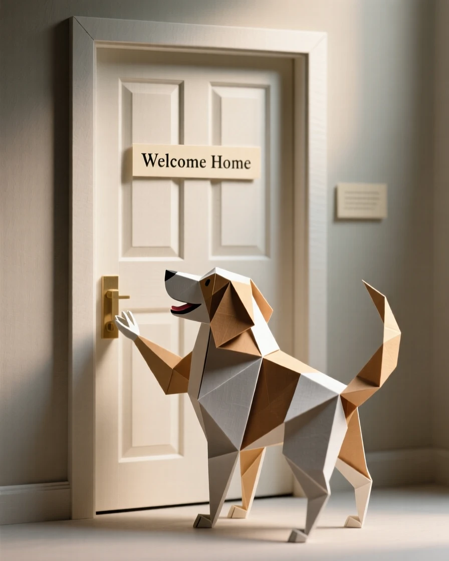 A dog greeting its owner at the door after a long day, tail wagging with joy.
