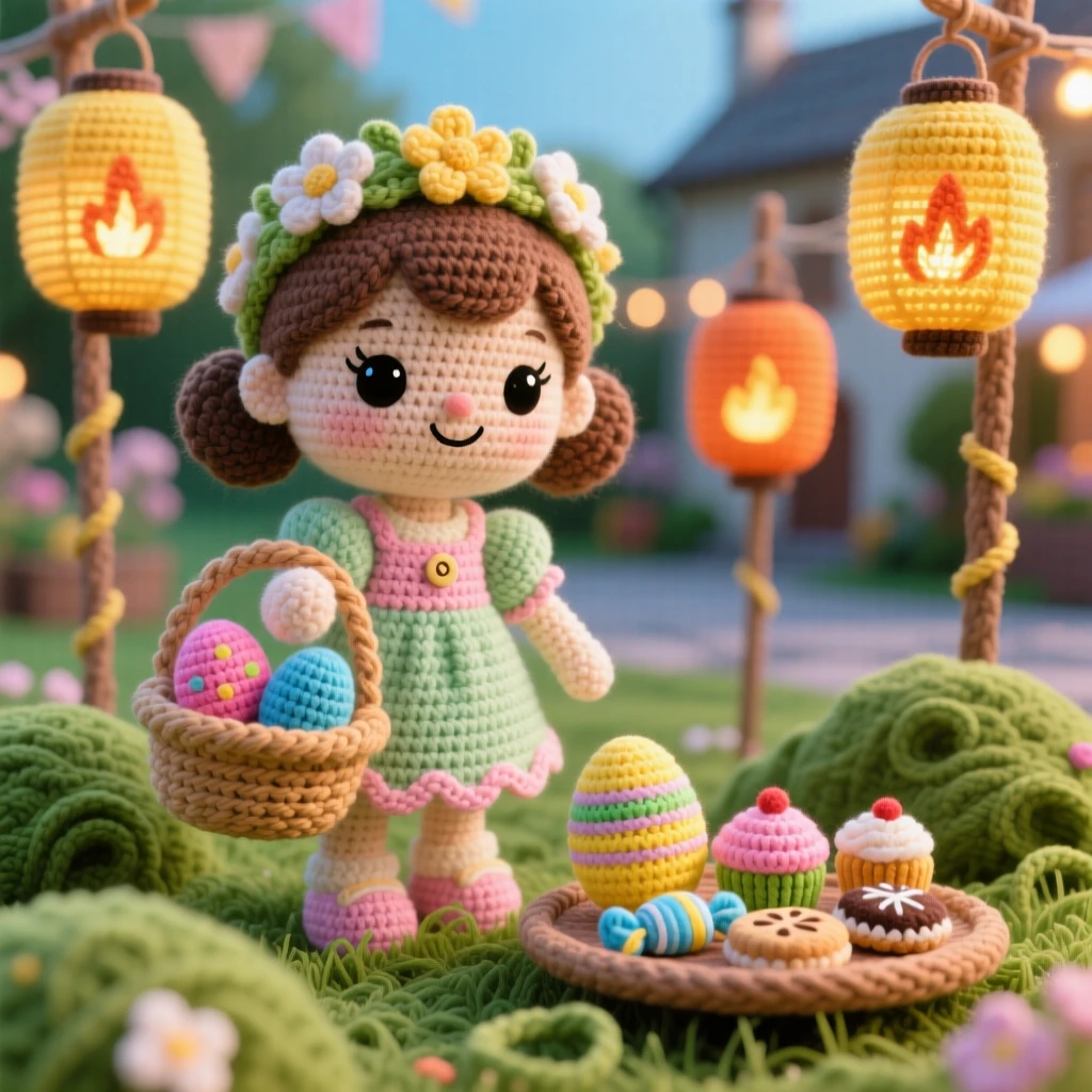A festive cultural scene of a little girl carrying a small basket of colored eggs for a spring renewal festival, hiding them gently in soft grass within a lantern-lit village square; a small tray of traditional sweets nearby nearby, full of the cheerful spirit of a beloved tradition.