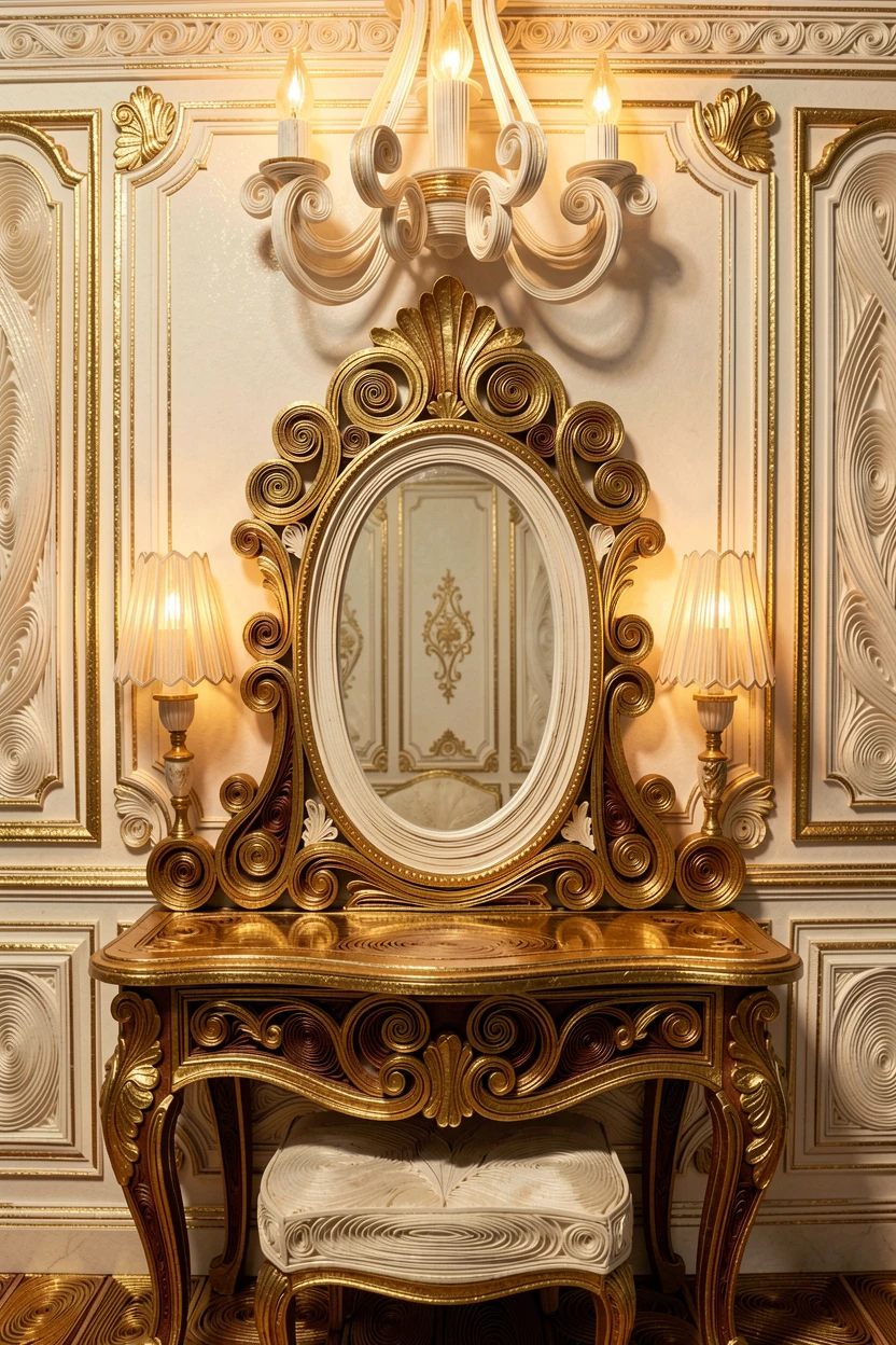 A sophisticated luxury scene of a gold-trimmed vanity mirror surrounded by soft lights in a grand ballroom lit by chandeliers, with a subtle metallic gold shimmer, composed with dramatic, moody lighting.