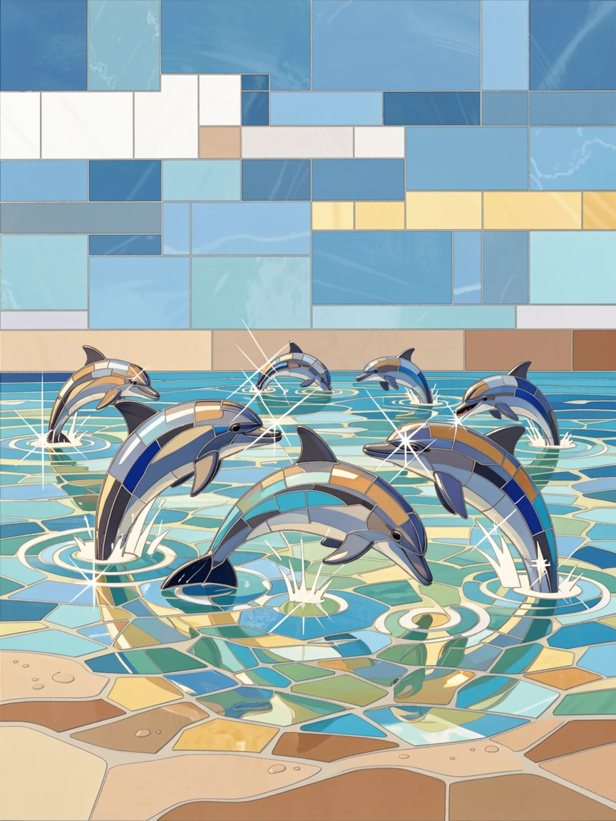 A group of dolphins playing in sunlit shallow ocean water.