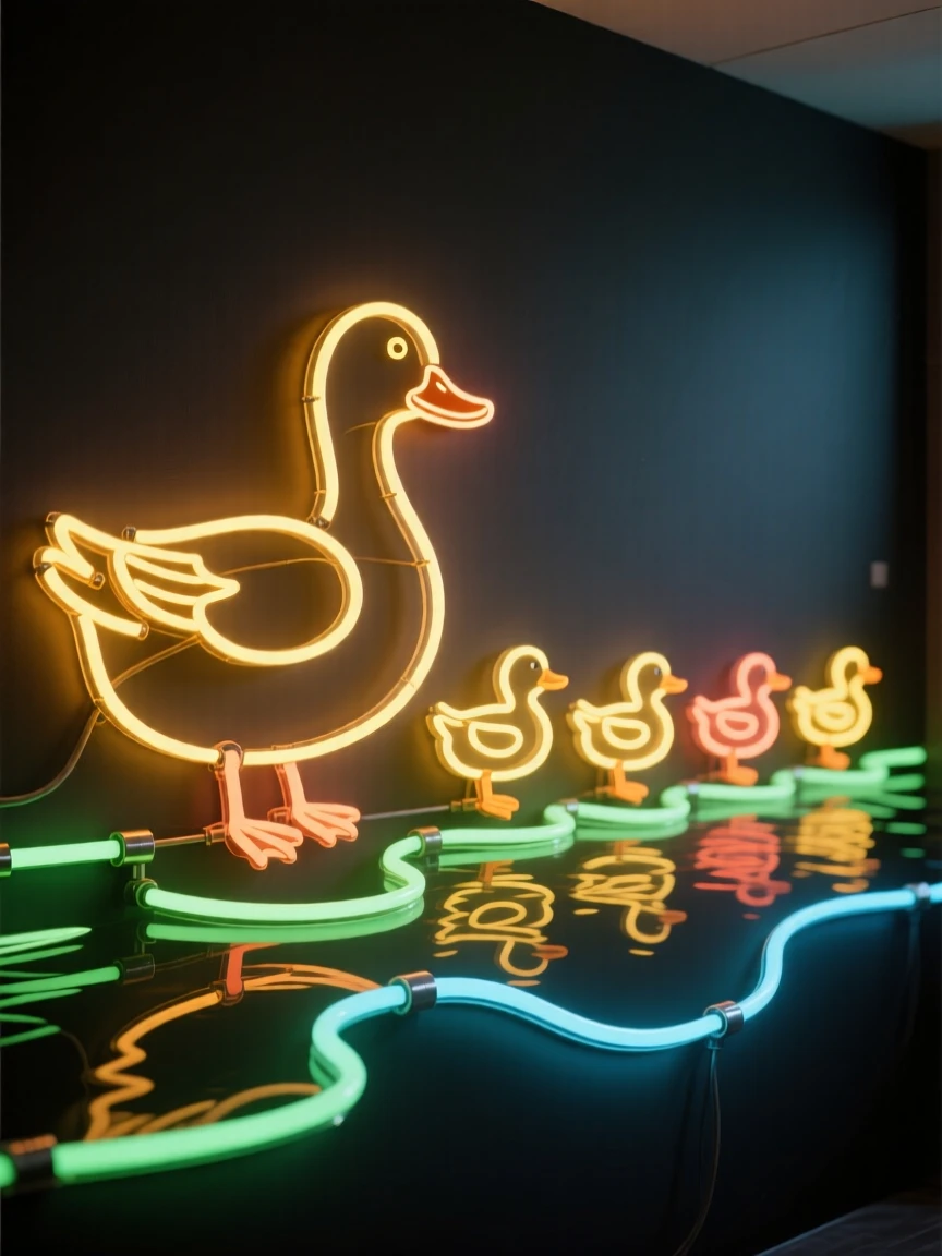 A group of ducklings lined up behind their mother on a pond.