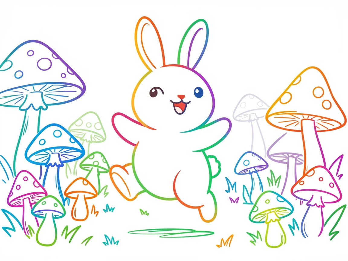 A round bunny character hopping through a field of glowing mushrooms.