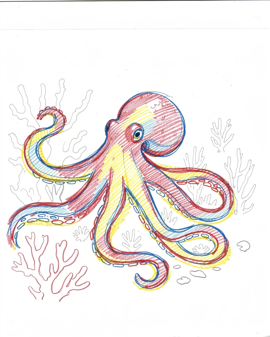 A vibrant octopus changing color as it moves across a coral reef