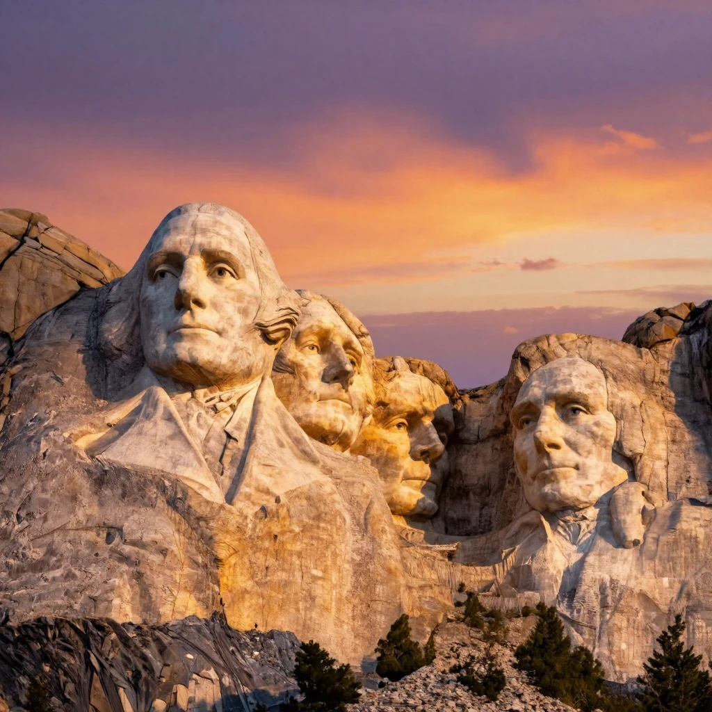 A Mount Rushmore close-up glowing at sunset
