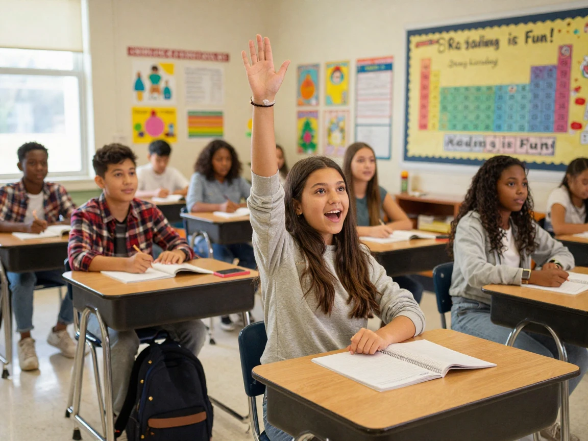 A student raises her hand eagerly in a classroom filled with colorful posters.