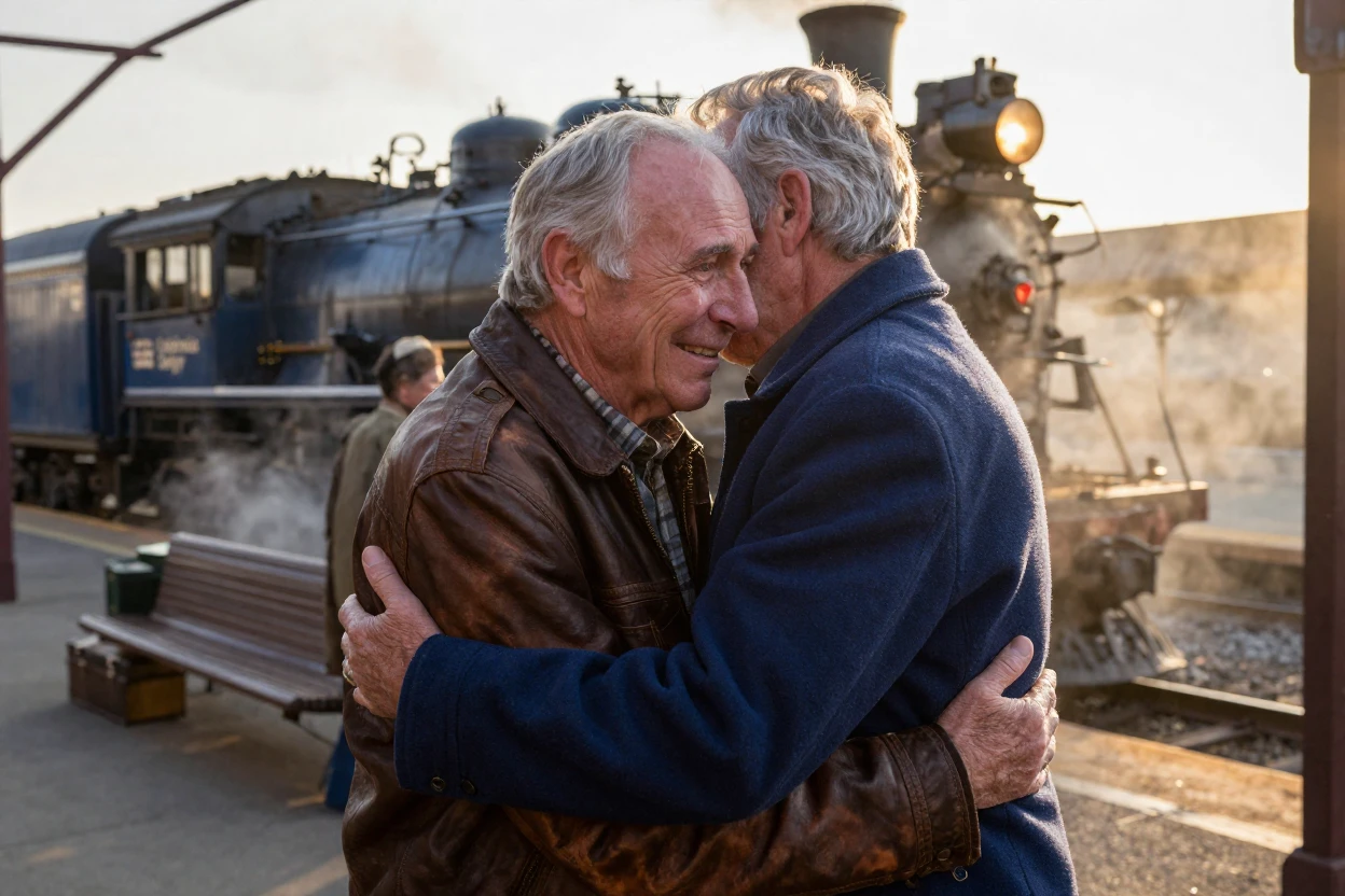 Two old friends embracing tightly after years apart at a train station