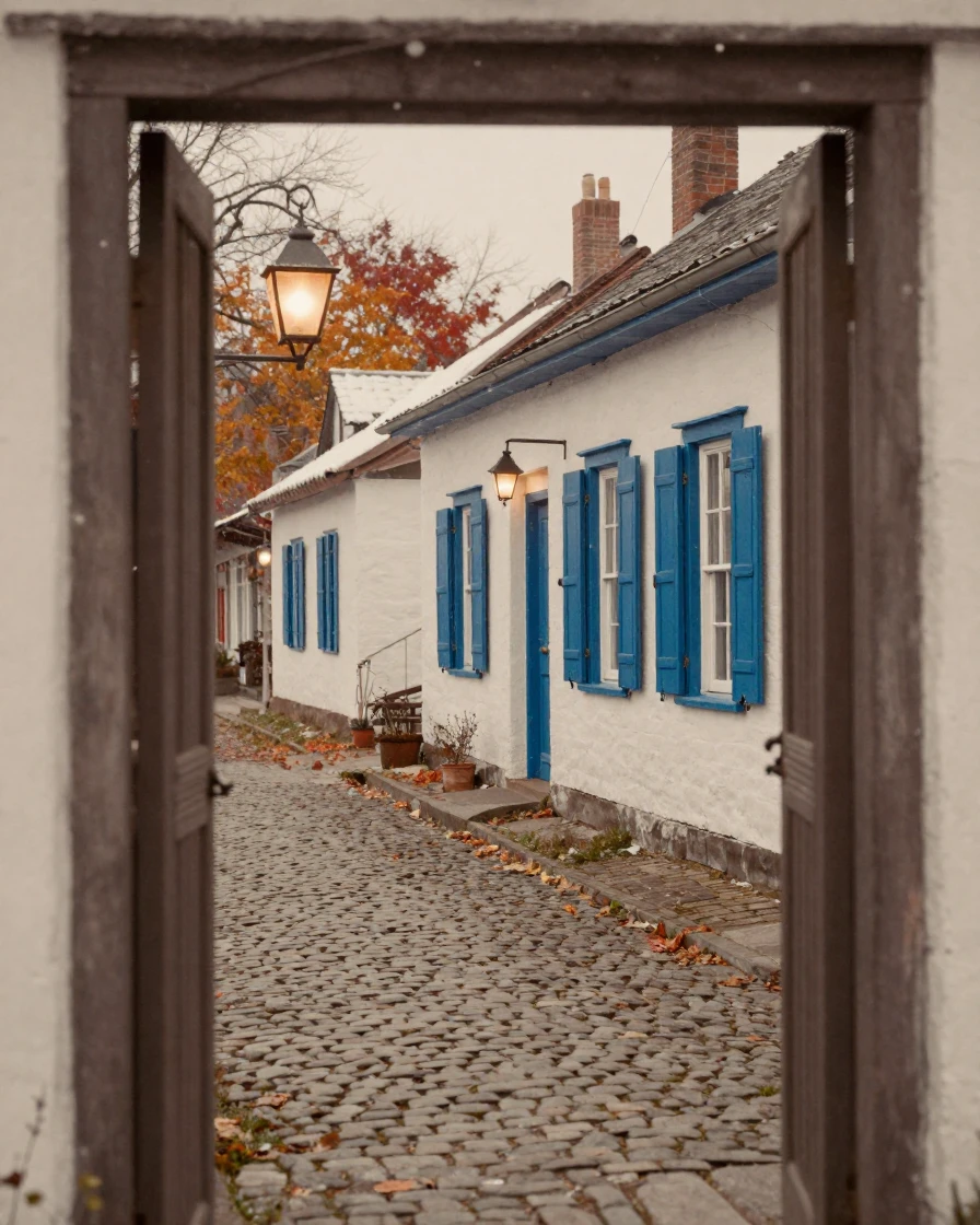 Whitewashed houses with blue shutters lining a narrow village lane, in low lamplight, amid gently falling snow, as summer fades into fall, with a soft sepia-tinted glow, framed through an open doorway.
