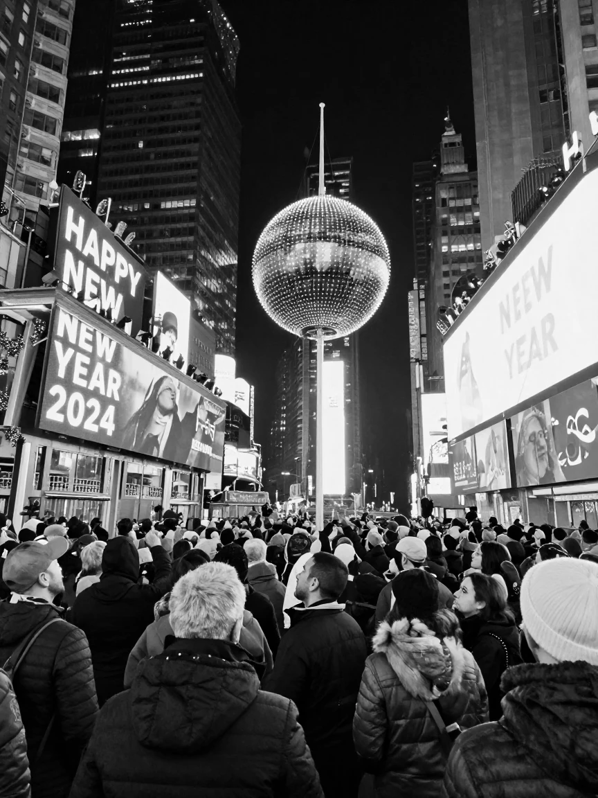 A crowd gathers to watch a ball drop beneath a lit-up skyline.