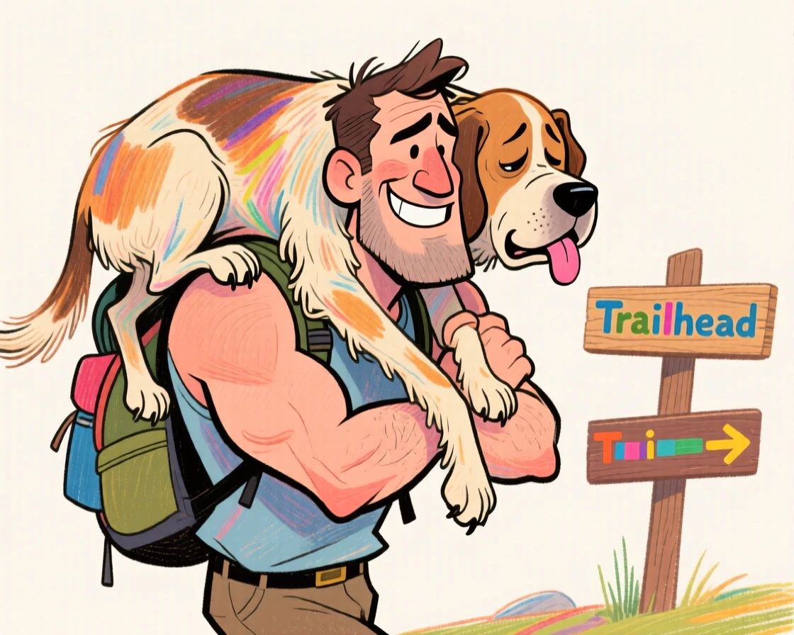 A man carrying his tired dog home after a long hike, dog draped over his shoulders.