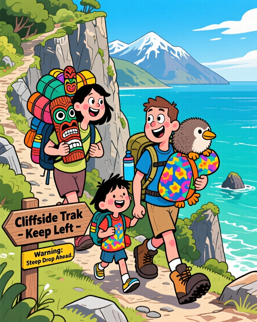 An iconic travel scene featuring a family on vacation hiking along a dramatic cliffside trail in New Zealand, with souvenirs already piling up in their arms.