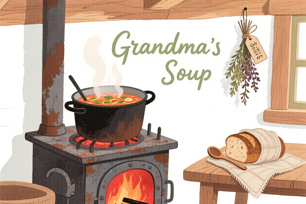 A cozy, appetizing, rustic and comforting scene of a bubbling pot of soup on a rustic stove in a cabin