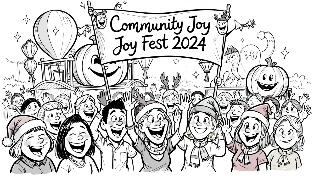 [Seasonal Holidays & Celebrations] Festive scene of a cozy community festival crowd parading with festive floats and banners, full of celebration and joy