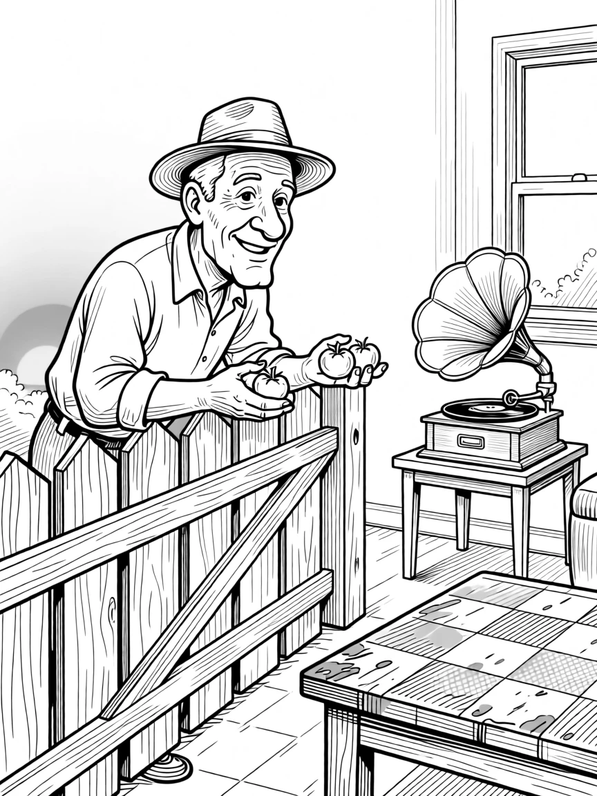 An old farmer leaning on a fence, watching the sunset, passing tomatoes over a fence with a friendly nod, set in a cozy living room with an old record player. A worn checkerboard shows decades of use. The image honors a lifetime of stories worth telling.