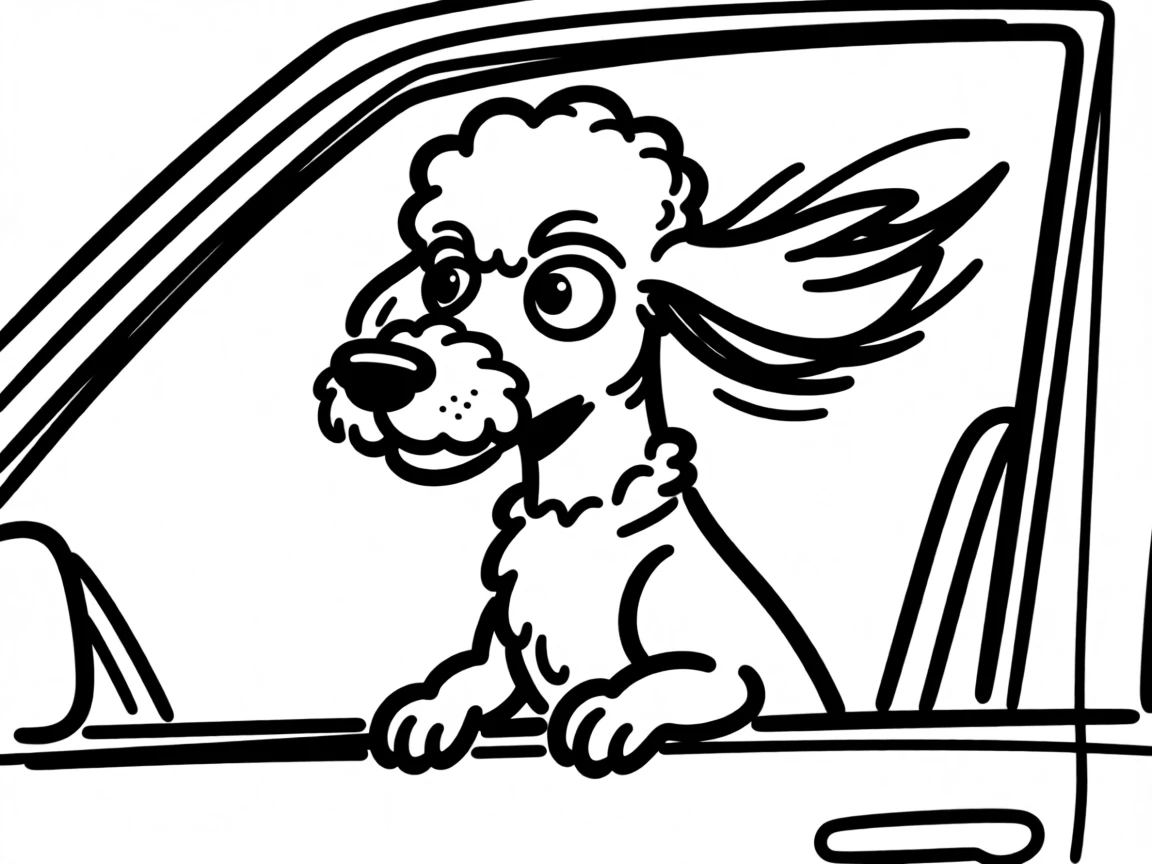 A poodle sitting attentively in a car window, ears flapping in the breeze.